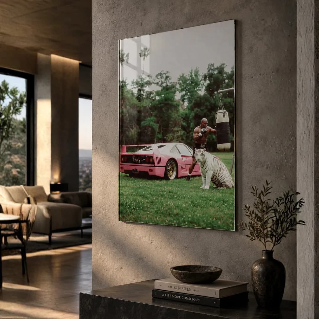 HSTLEGOODS print of a pink Ferrari F40 and a tiger, above a console table