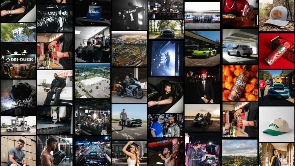 A contact-sheet wall of ZZMEDIA work: sports cars, barbershop and gym interiors, graduation portraits, hot-sauce and ball-cap product shots, club nights and drone shots of Lafayette.