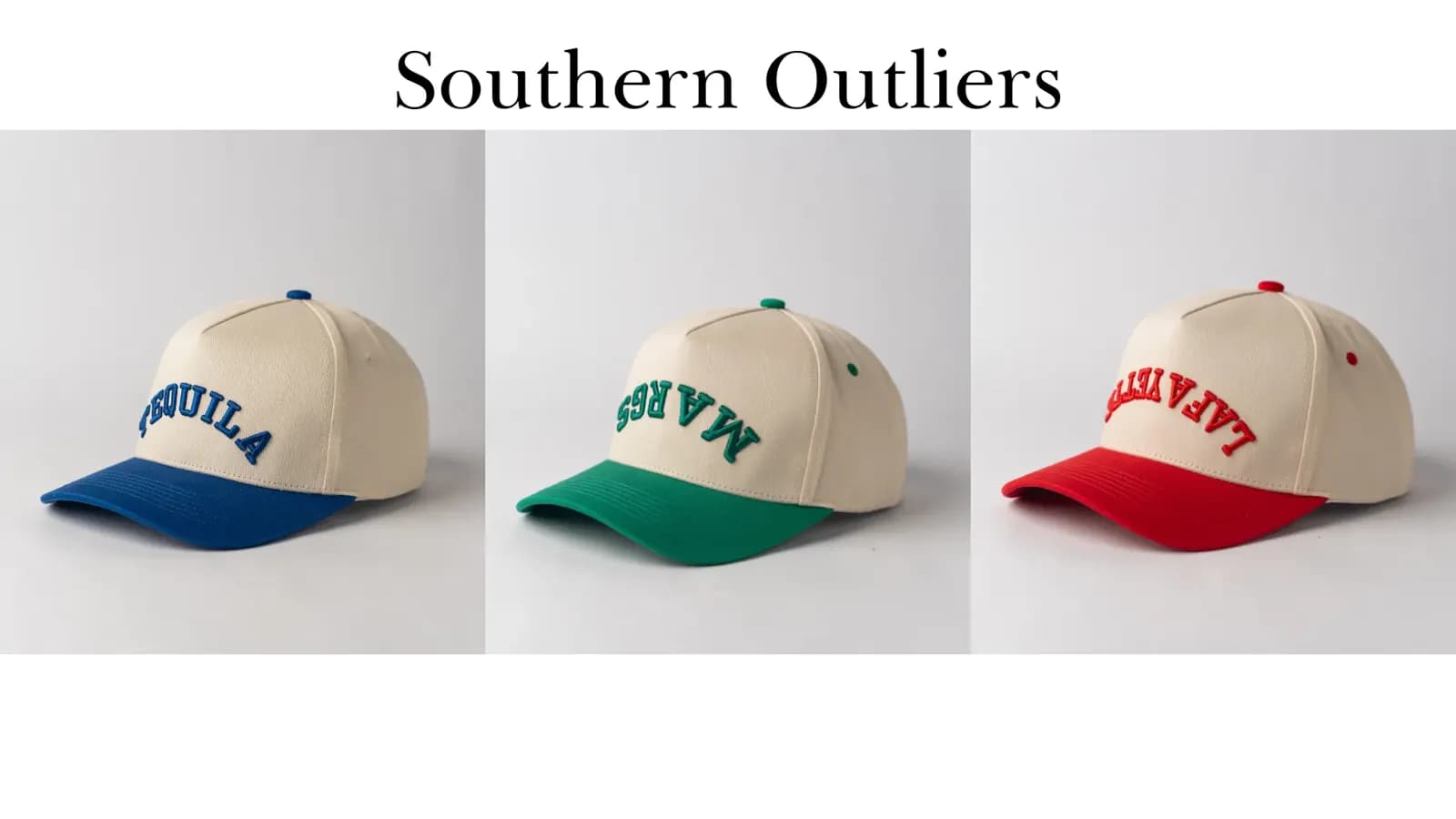 Three Southern Outliers cream ball caps with blue, green and red brims