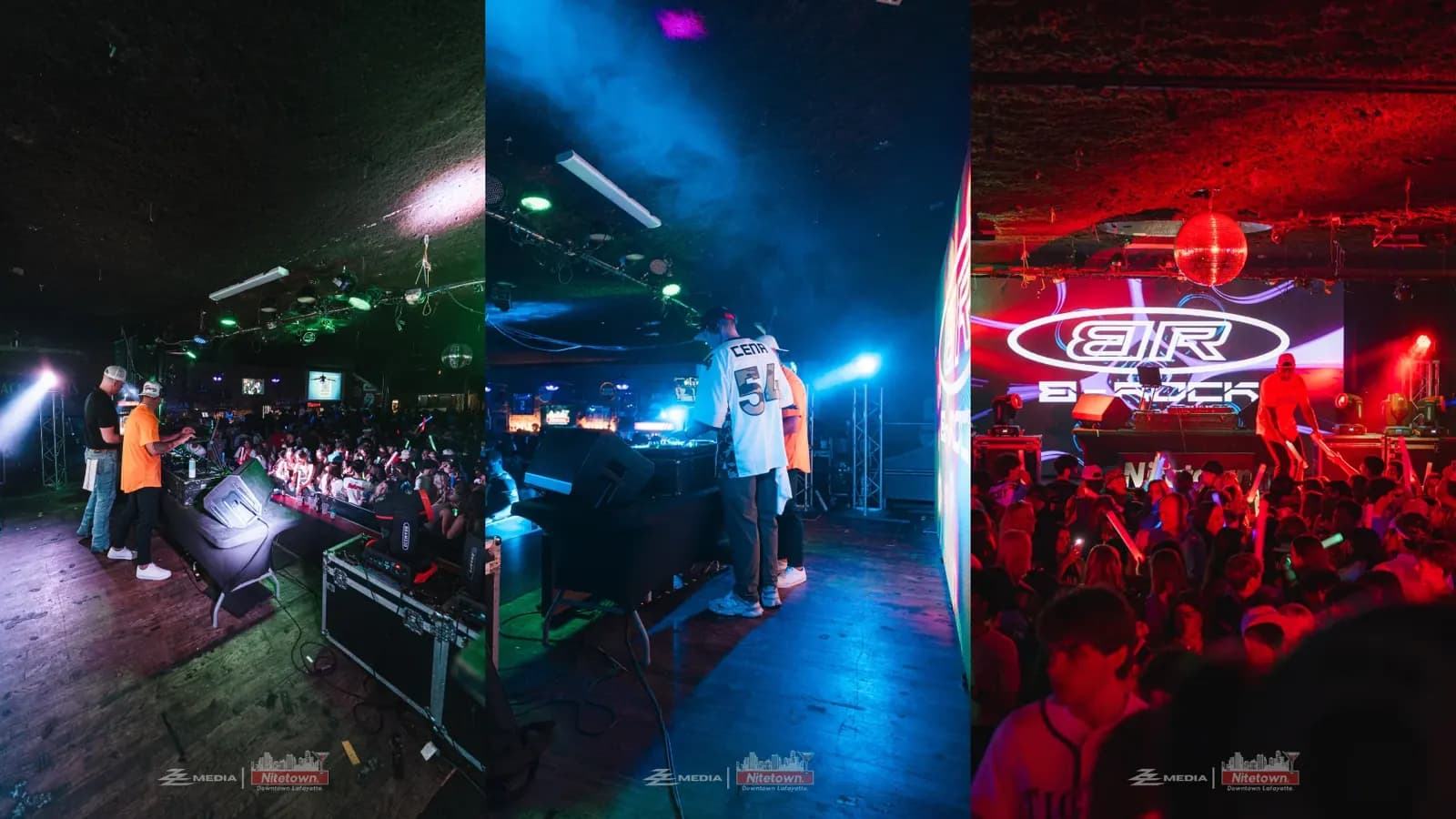 Three frames from a night club set: the stage, the DJ booth and the crowd under red lights