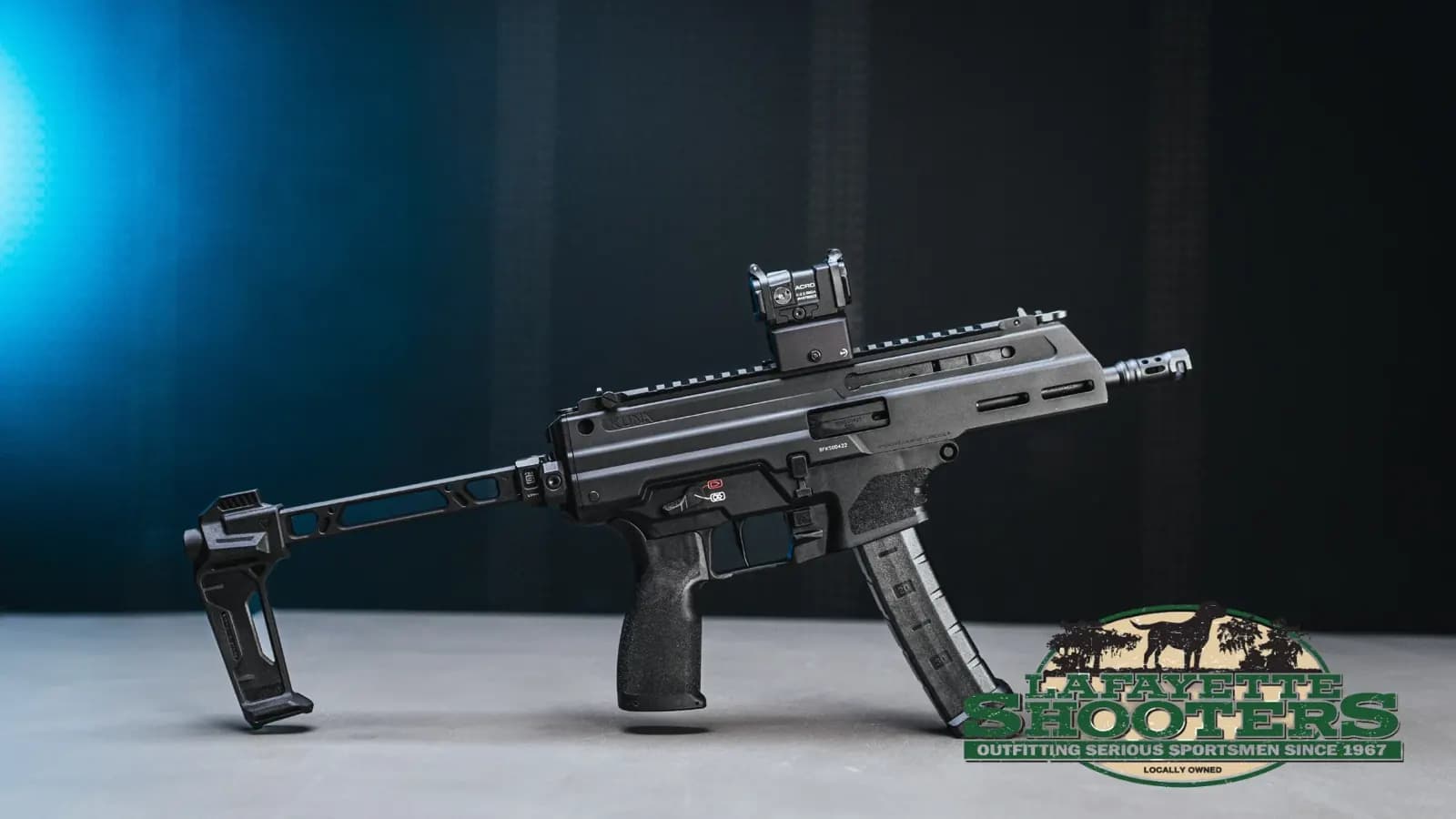 A Lafayette Shooters product shot of a compact rifle on a studio backdrop