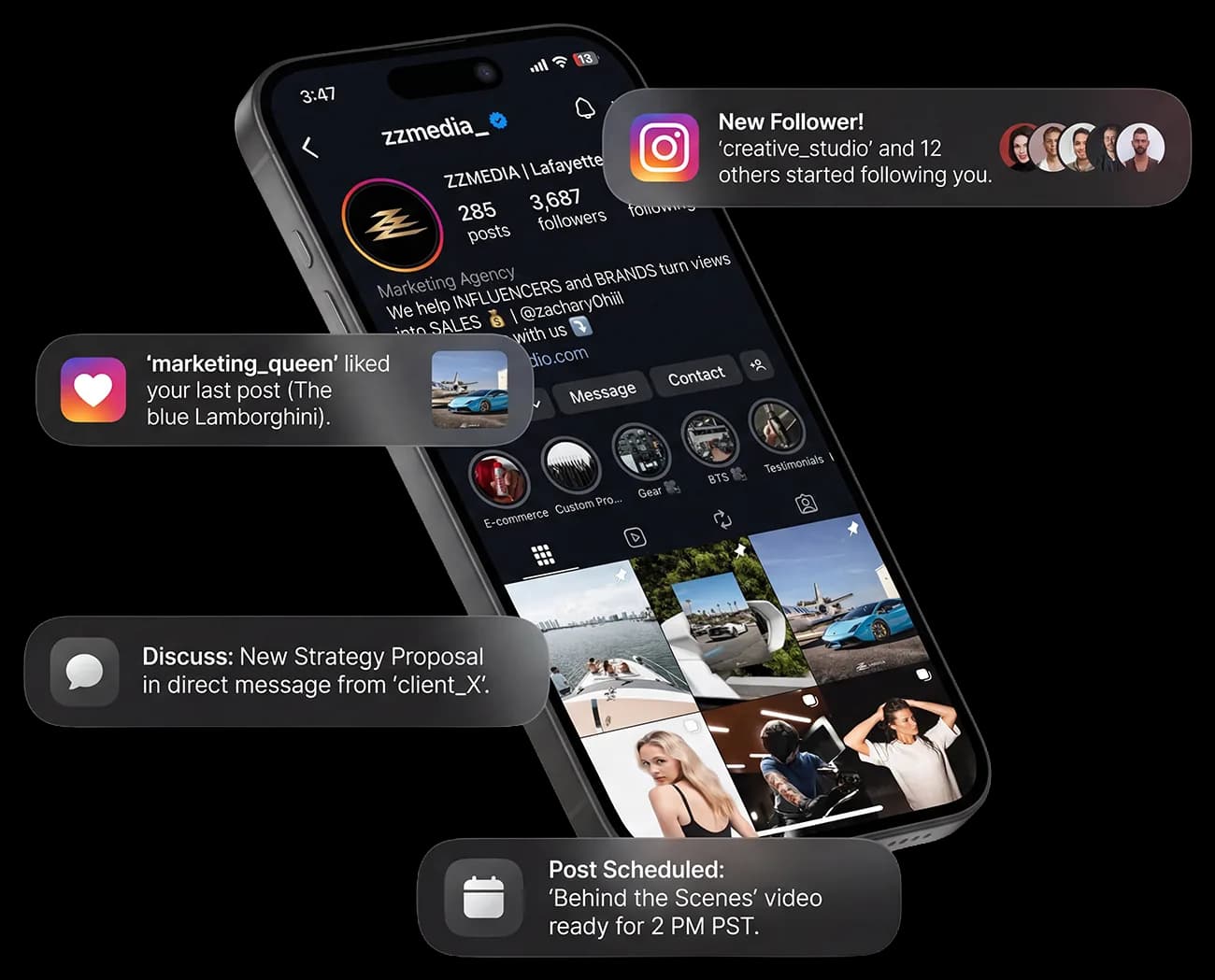 A phone showing the ZZMEDIA Instagram profile with new follower, like, message and scheduled-post notifications floating around it